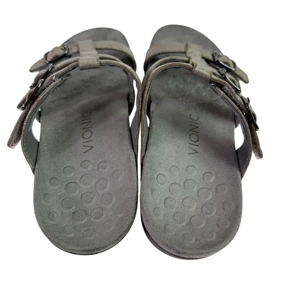 Vionic Women's 8 Pewter Gray Leather Strappy Slide On Comfort Sandals Walking - Picture 5 of 10